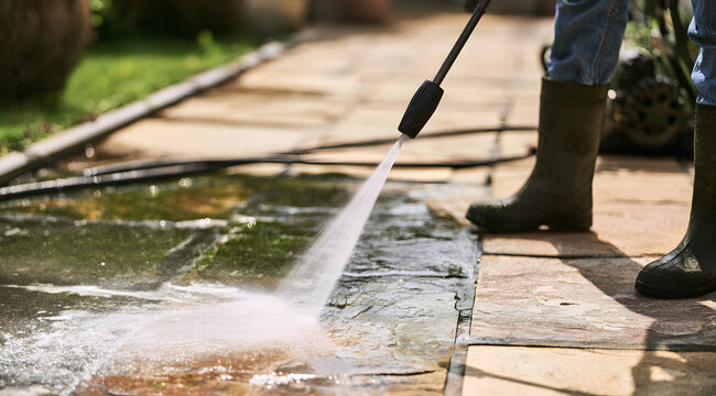 A powerful high-pressure water jet scrub cleans grimy stone pathways out of doors. An industrial sprayer efficiently rinses mud from the surface of ceramic tile floors. A professional groundsman uses 