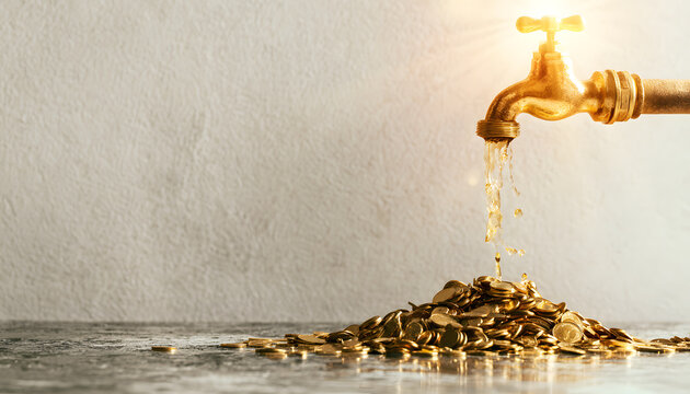 The gleaming faucet splashes gold coins onto the pale gray wall. Shiny metallic bills trickle down to form a stack. The sun's bright rays illuminate the scene. This symbolizes prosperity, wealth, and 
