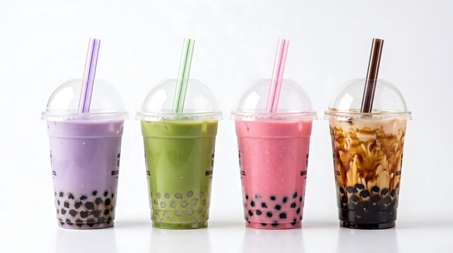 Four colorful bubble tea drinks in plastic cups with dome lids and straws on white background beverage strawberry refreshing smoothie colorful