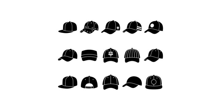 Set of fifteen various flat baseball caps and headwear in black silhouettes for apparel design and fashion store.