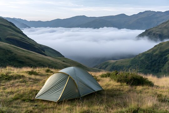 elevated view of a solitary camping tent surrounded by rolling green hills and clouds, expansive mountain landscape, soft natural daylight, clean composition, commercial adventure travel photography