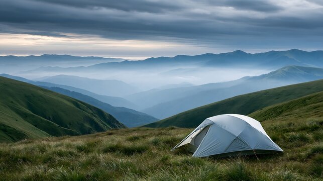 wide panoramic mountain camping scene with a solitary tent overlooking endless layers of mist covered peaks, lush green meadow, dramatic cloudy atmosphere, premium destination travel photography