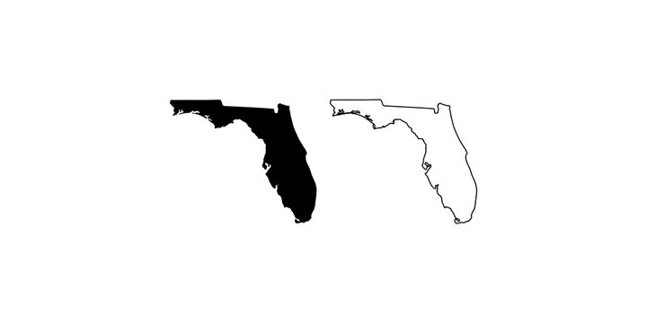 Florida state map silhouette outline black shape set isolated on transparent background for travel design projects.