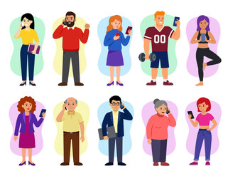 Fototapeta premium Set of Diverse People Using Smartphones Vector Illustration - Different Ages and Lifestyles with Mobile Devices
