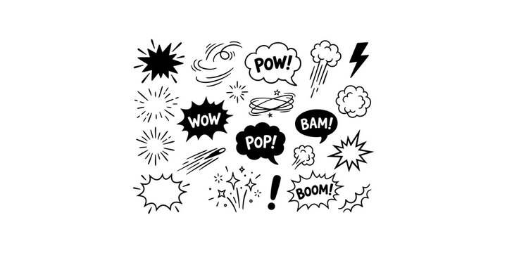 Collection of black comic book explosion speech bubbles and action graphic elements for fun visual effects.