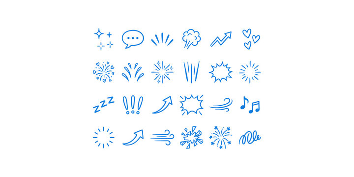 Set of blue hand drawn cartoon doodle icons for creative social media expressions and playful digital design.