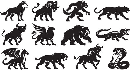 Obraz premium Fantasy Monster and Mythical Creature Silhouette Vector Set