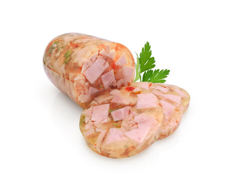 Jellied beef tongue, sliced veal aspic isolated on white background