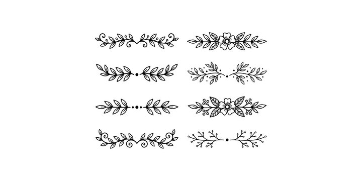 Floral text dividers black set isolated on transparent background for wedding invitation and decorative layout.