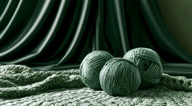 Soft, silken green wool balls nestle on a textured crochet blanket. Dark, smooth green satin drapes hang behind, offering a strikingly luxurious backdrop. Natural fibers gather in a warm, inviting cra