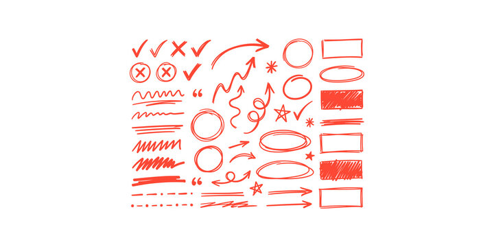 Red hand drawn marker highlights and doodles set on transparent background for document editing and emphasis.