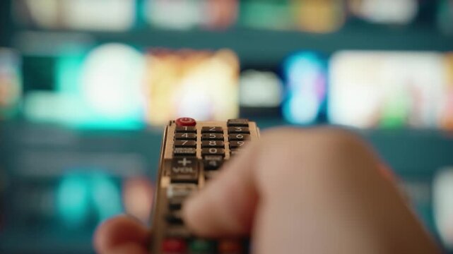 Close-up hand holding using remote control held points toward screen to browse streaming platforms on smart TV. digital media, music video, choosing watching movies film program. modern living room