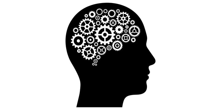 Human head profile with gears brain icon on transparent background for technology creativity and thinking.