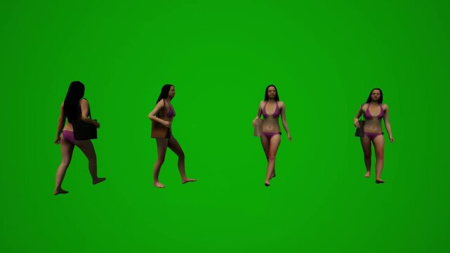 Women in swimwear walking with beach bags and tote bags on chroma key green screen background #51