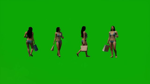 Women in swimwear walking with bags on chroma key green screen background, beach crowd #59