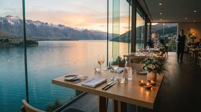 Dining table set for elegant dinner with wine glasses overlooking mountain lake at golden sunset for romantic evening.