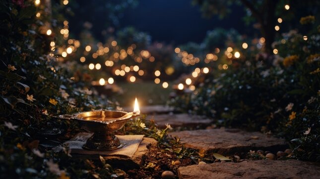Traditional glowing brass oil lamp placed on stone path surrounded by flowers and blurry fairy lights in evening garden.