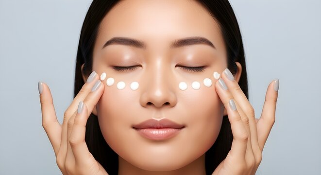 Radiant Skincare Routine featuring a young Asian woman applying white cream dots under her eyes with eyes closed, ideal for beauty product marketing and wellness advertisements.