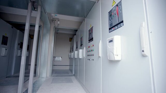 Inside electrical substation transformers and switchboards line corridor. Control panels and warning signs ensure safe operation