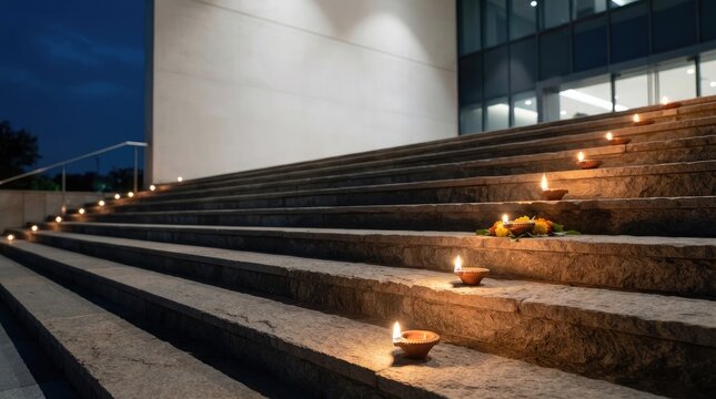 Row of glowing clay oil lamps placed on concrete building staircase at night for traditional festive exterior lighting.