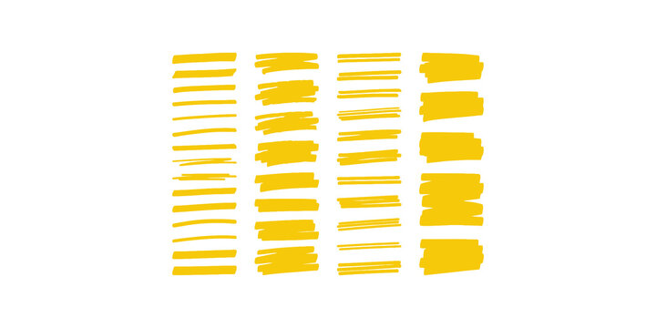 Set of various yellow highlighter brush strokes collection for document editing and emphasis mark purposes.