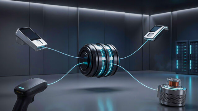 Futuristic server data hub connected to advanced digital payment terminals and barcode scanners in a high-tech storage room