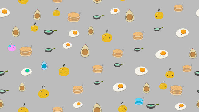 Breakfast food pattern with pancakes, eggs, and avocados