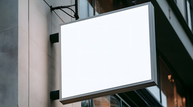 Blank, brightly lit rectangular sign template on a concrete building exterior. A minimalist lightbox signboard with room designated for a logo and text. A sleek urban storefront arrangement ideal for 