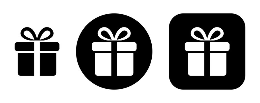 Gift present box icon set featuring wrapped gift symbols in standalone, circular and rounded square styles for rewards, bonuses, giveaways, loyalty programs, promotions