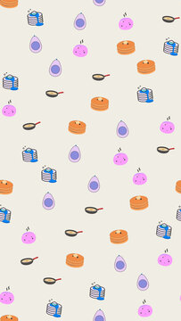 Cartoon food pattern with pancakes and avocados