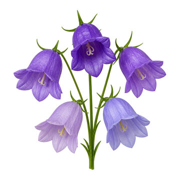 Cluster of five purple campanula bellflowers blooming on green stems isolated on transparent background