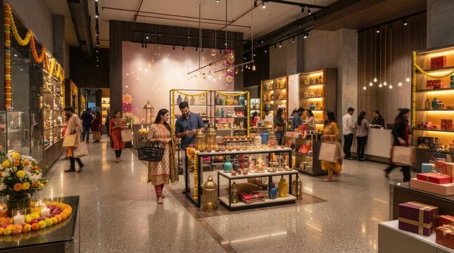 People shopping for diwali gifts in modern retail store filled with bright lights and traditional flower decorations.