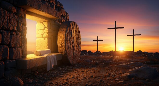 Empty tomb with glowing light and white cloth at sunrise, three crosses silhouetted on desert hillside. Perfect for Easter, resurrection, Christian faith messages and spiritual celebrations.