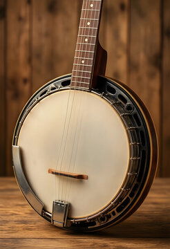 Bluegrass music and folk culture, vintage five string banjo instrument on rustic wooden background for traditional acoustic performance and entertainment