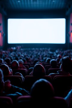 Audience faces a blank white cinema screen inside a dark movie theater. Film presentation, public screening and adaptable copy space for entertainment messaging.