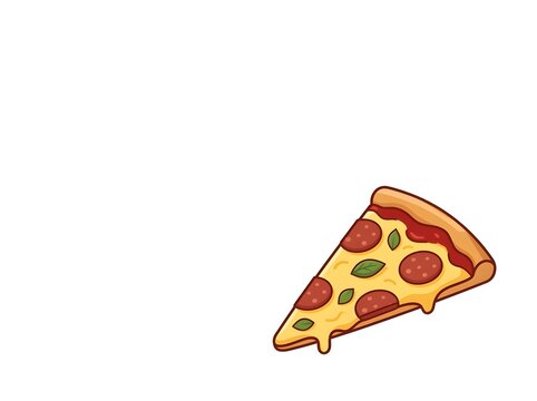 Flat vector illustration of a single pepperoni pizza slice with melted cheese and fresh basil leaves, isolated on a white background. Cartoon style food icon with thick outlines.
