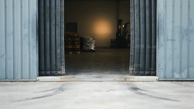 Open industrial warehouse door showing storage area with pallets and forklift in background