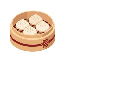 Vector illustration of a bamboo steamer basket containing four Chinese soup dumplings known as Xiao Long Bao, isolated on a white background for dim sum cuisine menu design.