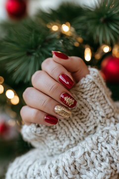 Festive christmas manicure with red and gold glitter nails