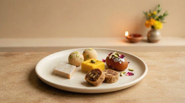 Indian traditional sweets served on plate with diya candle and marigold flowers for festive celebration background.