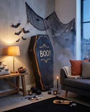 Handmade cardboard coffin prop in a cozy living room, styled with bats, webbing and candles for a moody DIY Halloween party setup