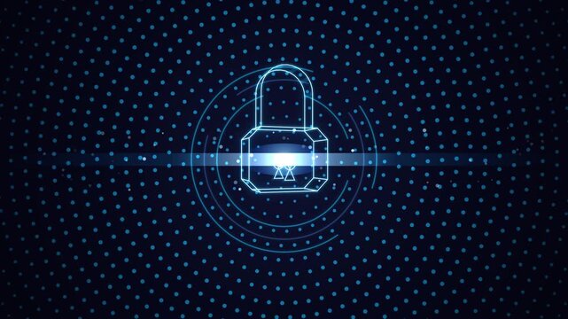 Digital padlock glowing with data streams in dark abstract background security concept