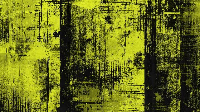 Yellow and black industrial grunge background. Looped dirty wall texture with spray paint scratches