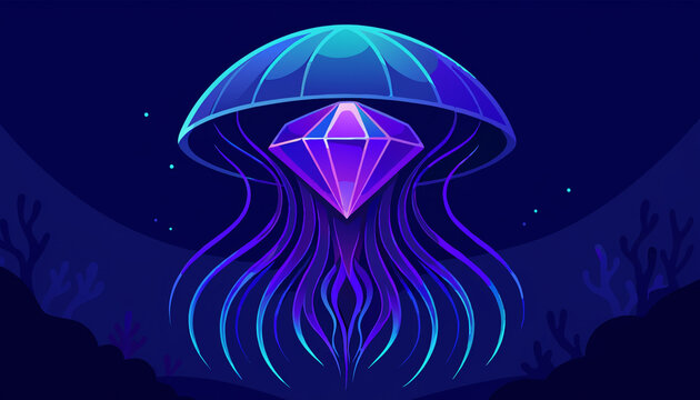 The Deep Ocean&rsquo;s Secret: Decoding the Mystery of a Luminous Jellyfish Holding a Shimmering Purple Amethyst Crystal within the Darkest Corners of the Sea Floor.