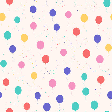 Seamless pattern of colorful birthday balloons and confetti