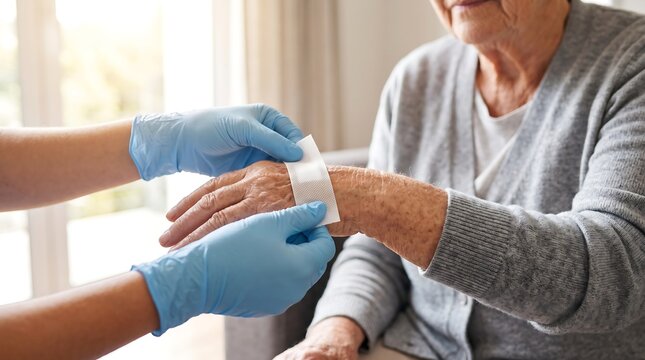 Nurse applying white adhesive bandage on senior woman hand for wound care treatment in nursing home