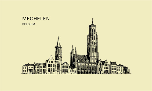 Detailed ink of the mechelen city skyline with cathedral in belgium tower