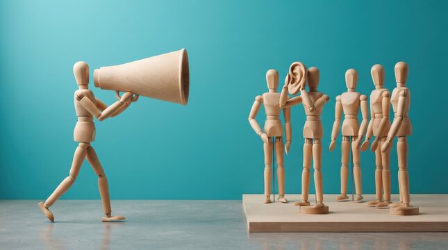 Wooden figure speaking to audience with megaphone