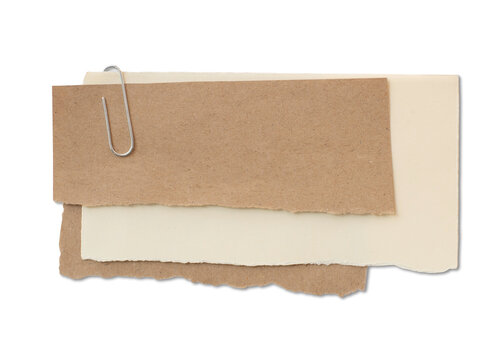 Layered torn paper sheets with metal paperclip isolated on white and transparent background, Empty message note reminder card template