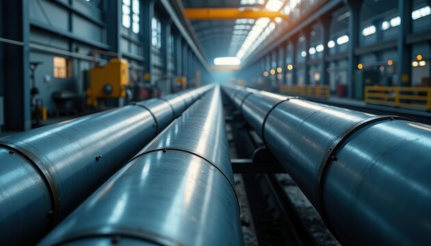 Industrial steel pipes with welded joints arranged in parallel lines inside a modern factory warehouse. Overhead cranes and yellow safety equipment visible in the brightly lit manufacturing...